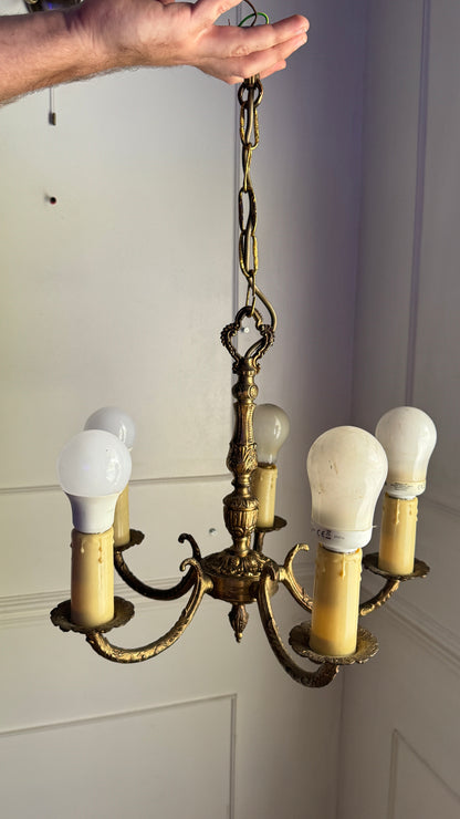 Vintage Brass 5 Arm Chandelier with Lace Tassel Lampshades