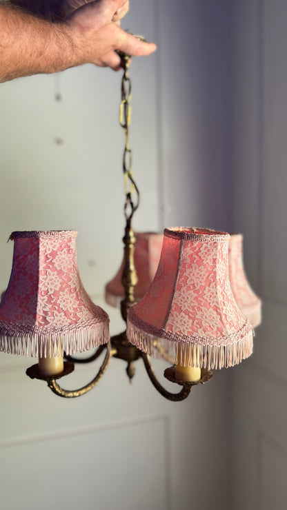 Vintage Brass 5 Arm Chandelier with Lace Tassel Lampshades