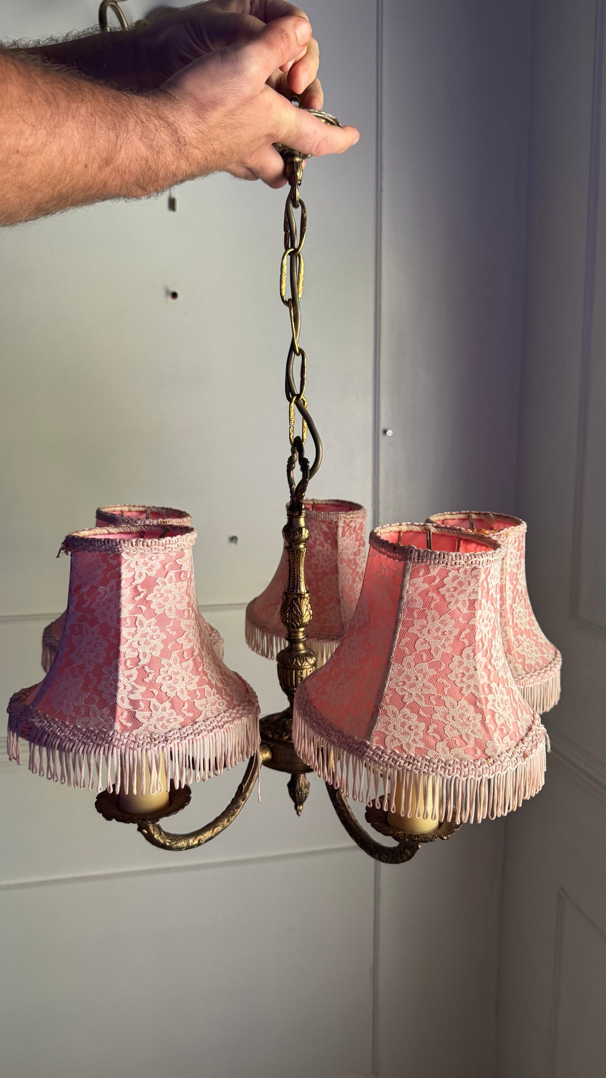 Vintage Brass 5 Arm Chandelier with Lace Tassel Lampshades