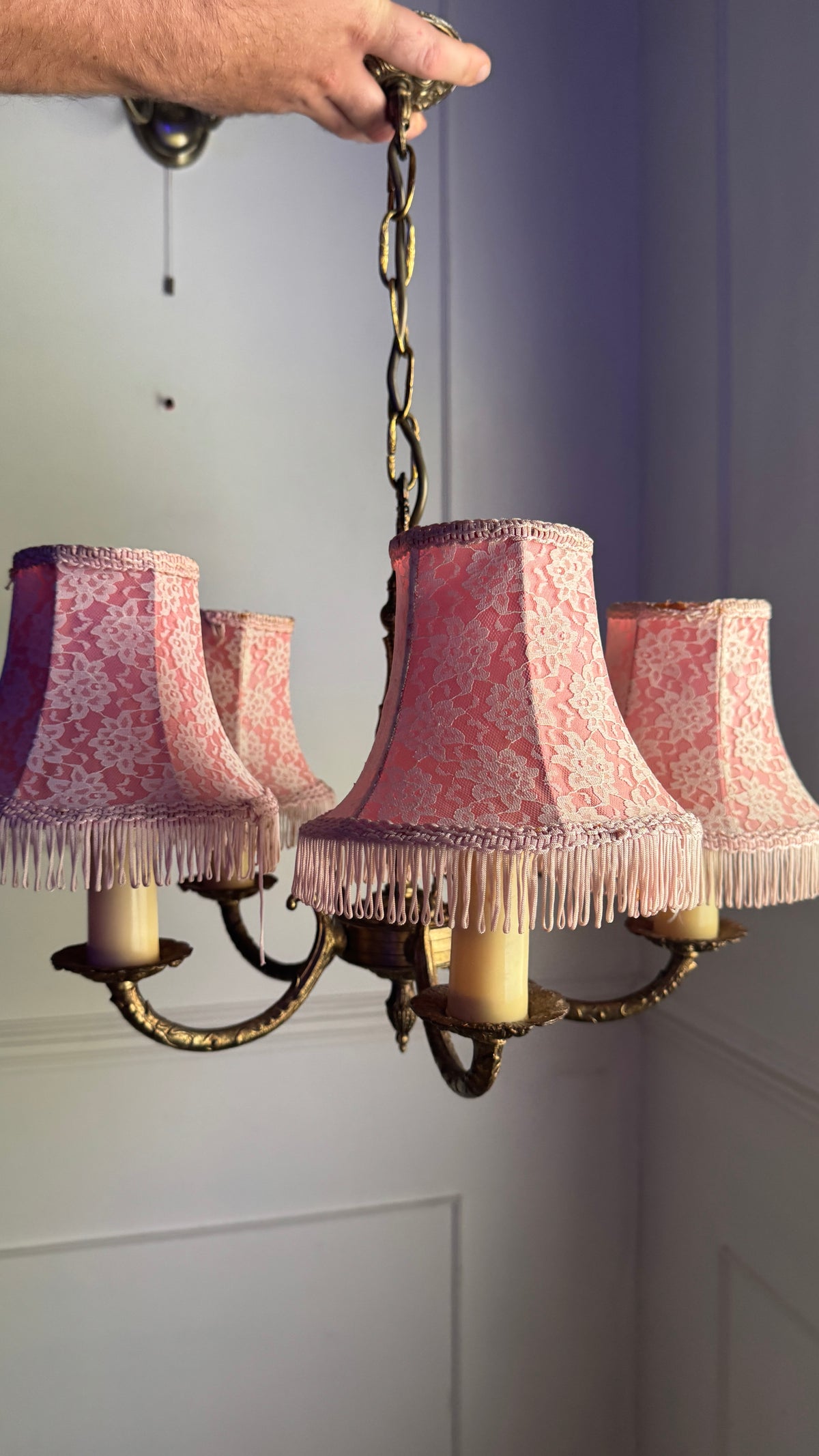 Vintage Brass 5 Arm Chandelier with Lace Tassel Lampshades