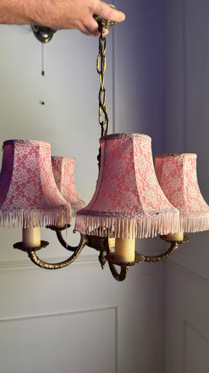 Vintage Brass 5 Arm Chandelier with Lace Tassel Lampshades