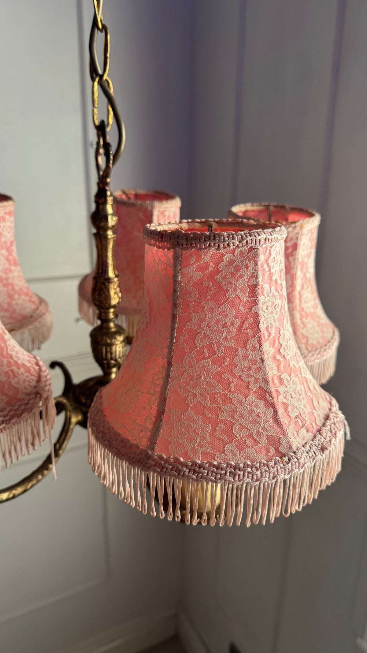 Vintage Brass 5 Arm Chandelier with Lace Tassel Lampshades