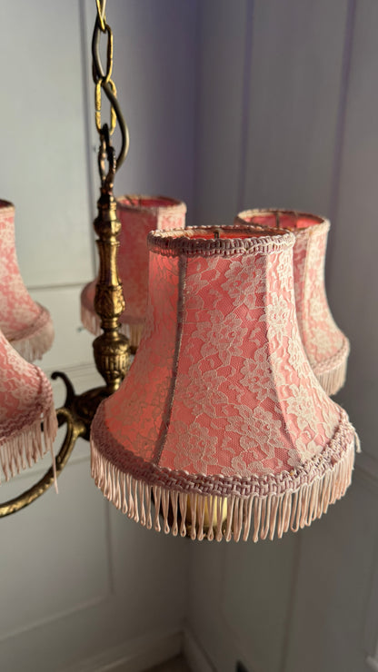Vintage Brass 5 Arm Chandelier with Lace Tassel Lampshades