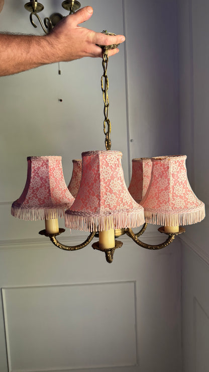 Vintage Brass 5 Arm Chandelier with Lace Tassel Lampshades