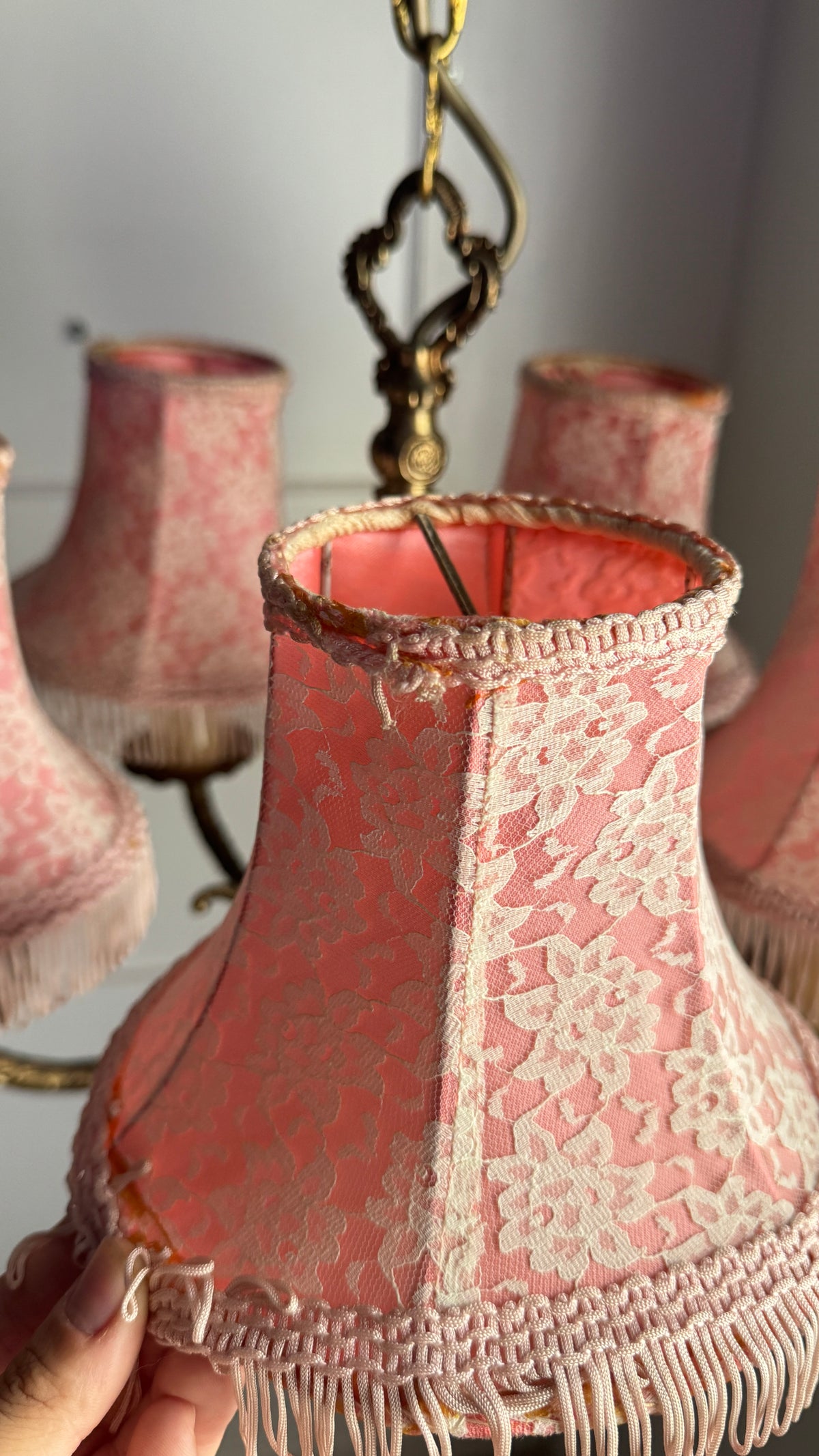 Vintage Brass 5 Arm Chandelier with Lace Tassel Lampshades