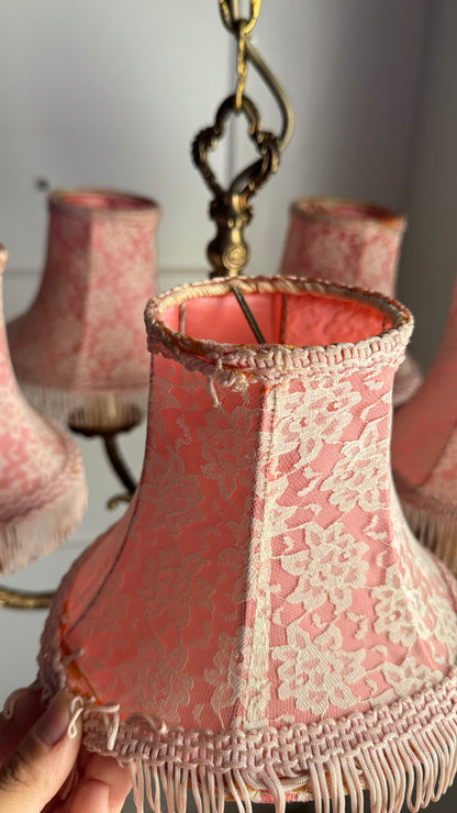 Vintage Brass 5 Arm Chandelier with Lace Tassel Lampshades