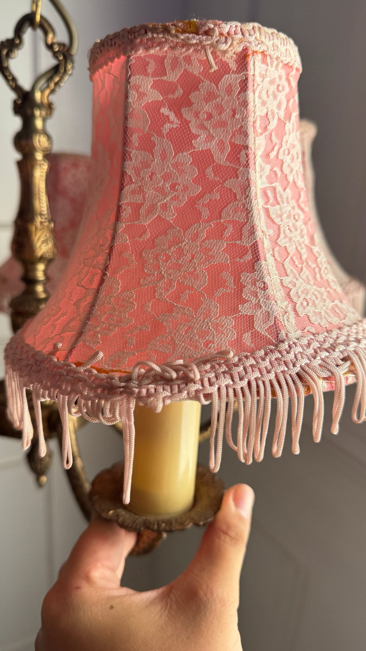 Vintage Brass 5 Arm Chandelier with Lace Tassel Lampshades