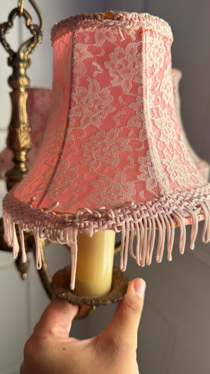 Vintage Brass 5 Arm Chandelier with Lace Tassel Lampshades