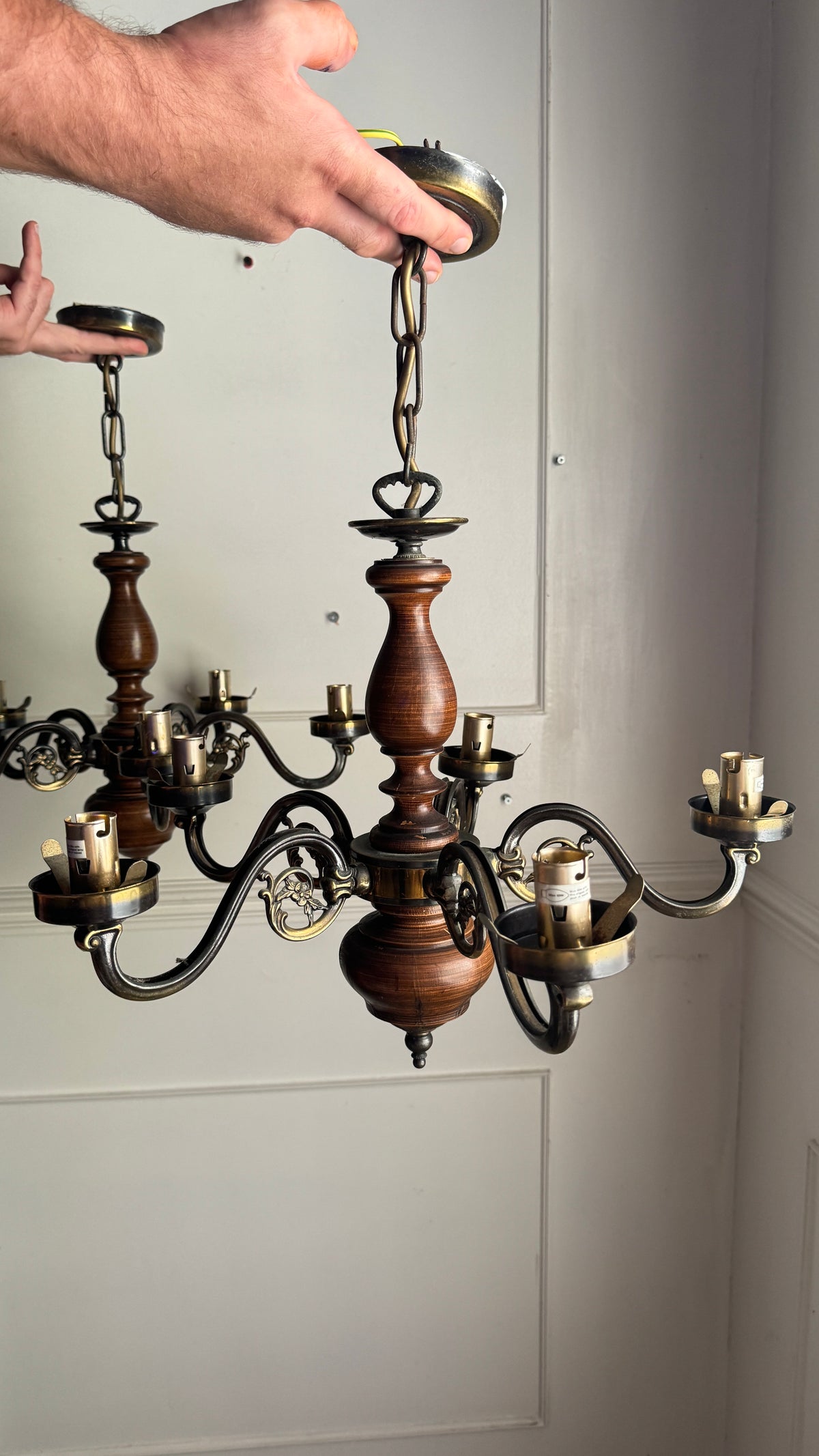 Vintage Rustic Wooden Farmhouse 5 Arm Chandelier, Matching Pair