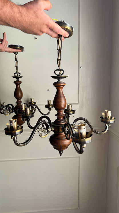 Vintage Rustic Wooden Farmhouse 5 Arm Chandelier, Matching Pair