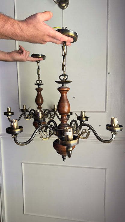 Vintage Rustic Wooden Farmhouse 5 Arm Chandelier, Matching Pair