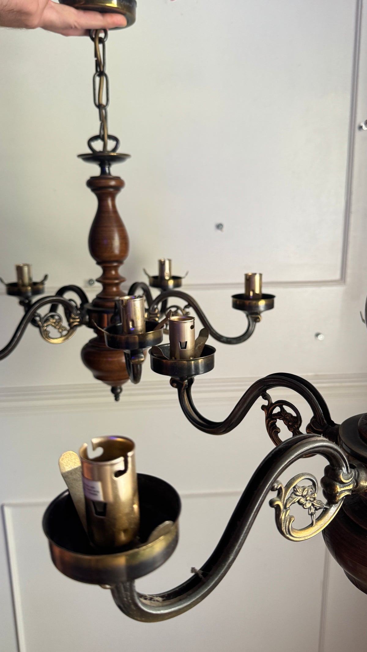 Vintage Rustic Wooden Farmhouse 5 Arm Chandelier, Matching Pair