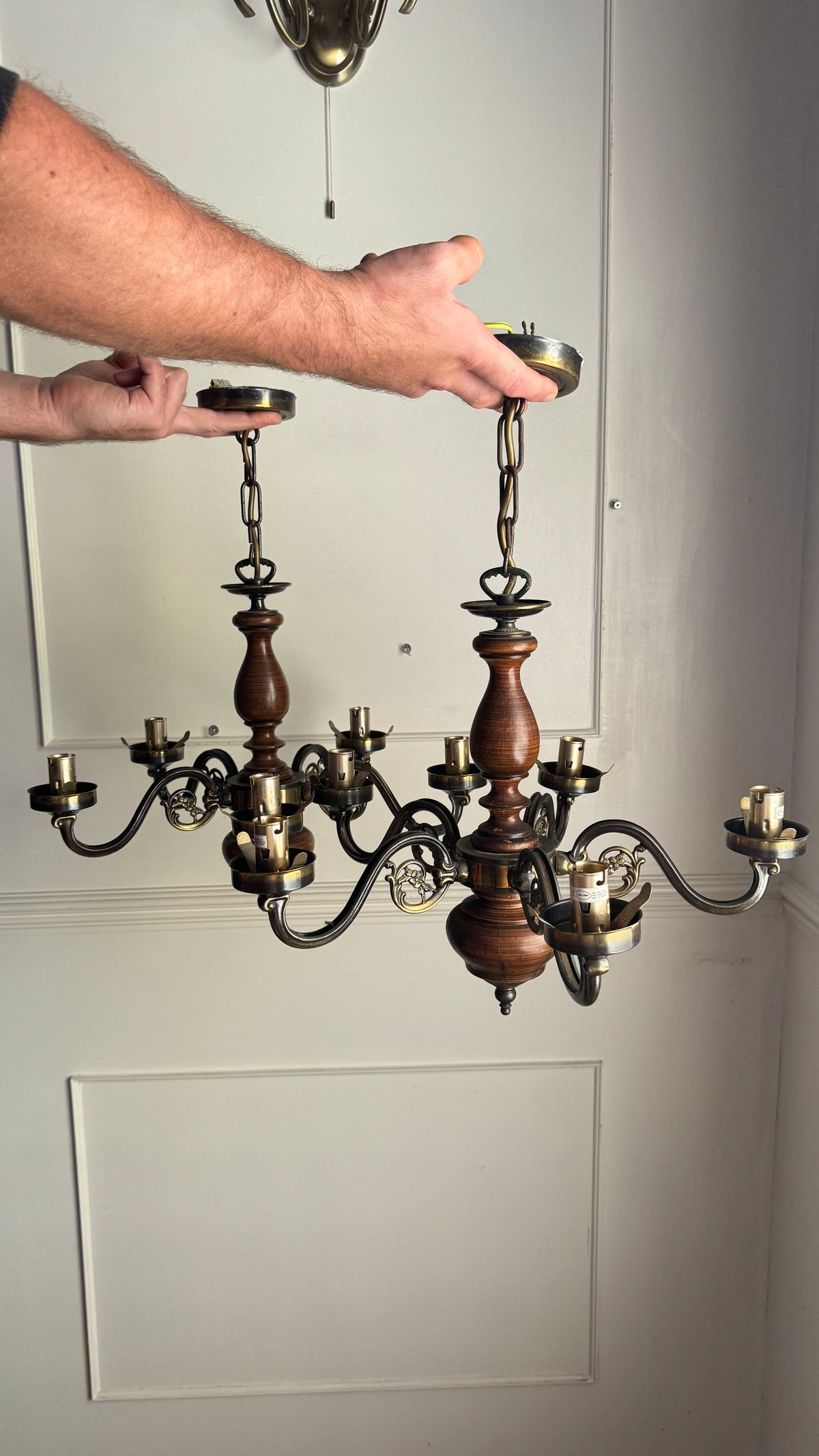 Vintage Rustic Wooden Farmhouse 5 Arm Chandelier, Matching Pair