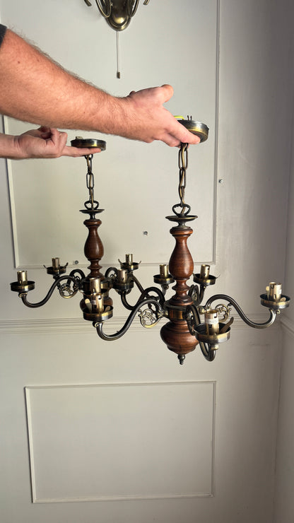 Vintage Rustic Wooden Farmhouse 5 Arm Chandelier, Matching Pair