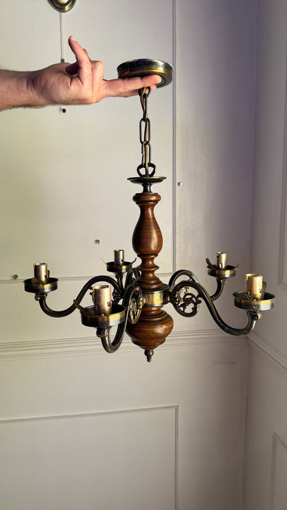 Vintage Rustic Wooden Farmhouse 5 Arm Chandelier, Matching Pair
