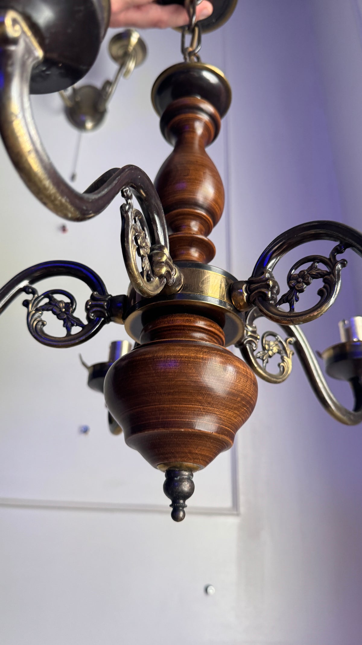 Vintage Rustic Wooden Farmhouse 5 Arm Chandelier, Matching Pair