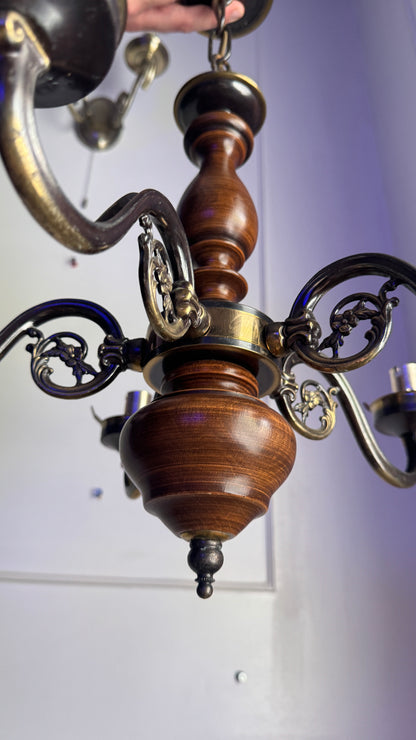 Vintage Rustic Wooden Farmhouse 5 Arm Chandelier, Matching Pair