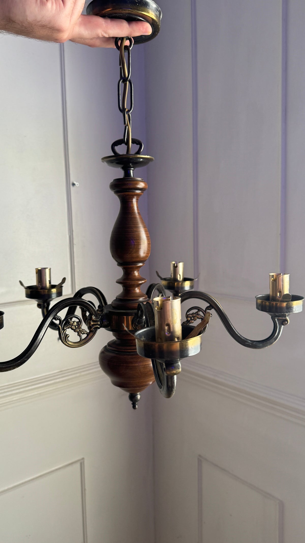 Vintage Rustic Wooden Farmhouse 5 Arm Chandelier, Matching Pair