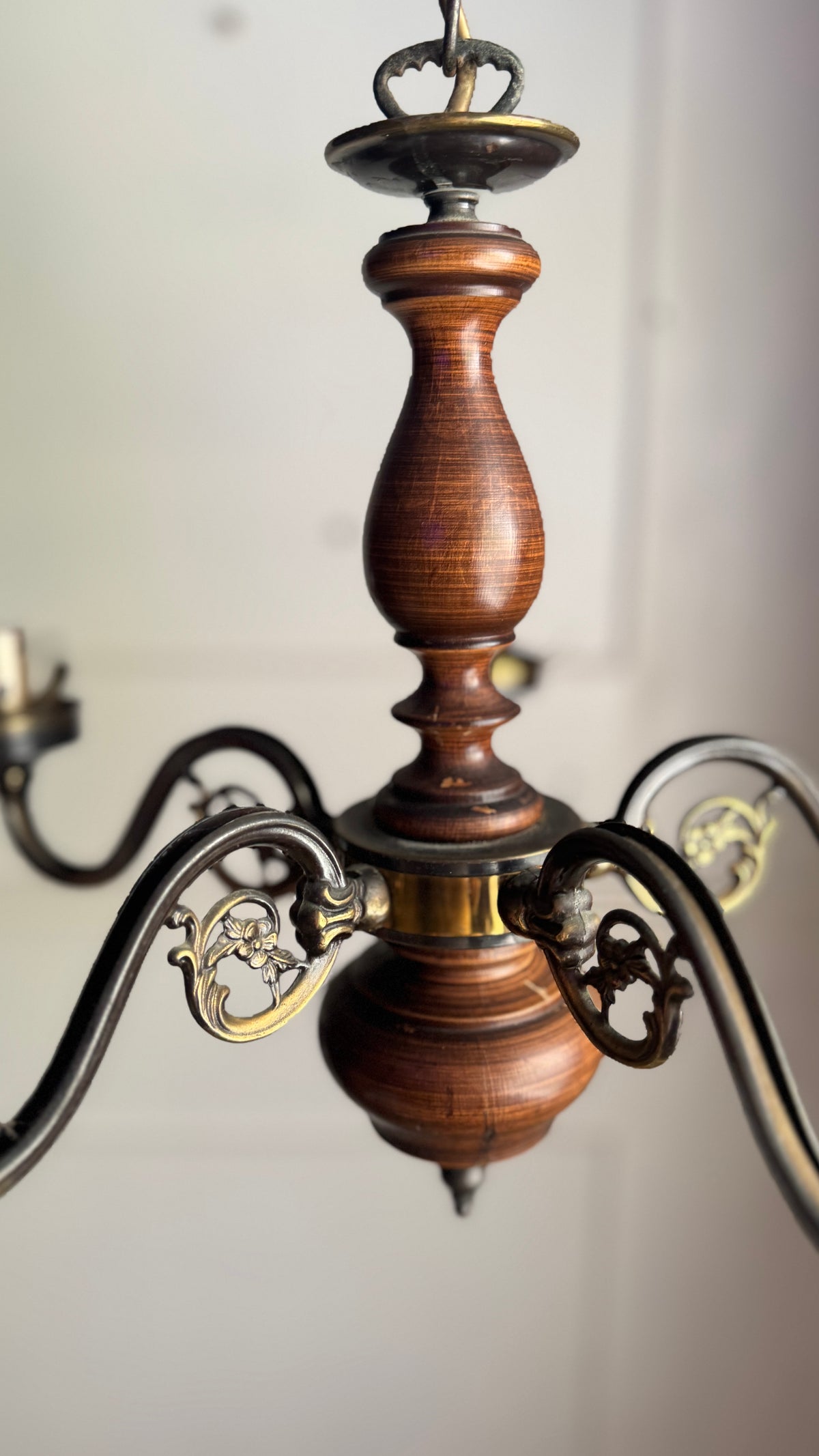 Vintage Rustic Wooden Farmhouse 5 Arm Chandelier, Matching Pair
