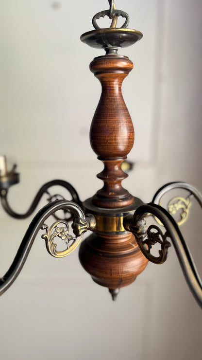Vintage Rustic Wooden Farmhouse 5 Arm Chandelier, Matching Pair