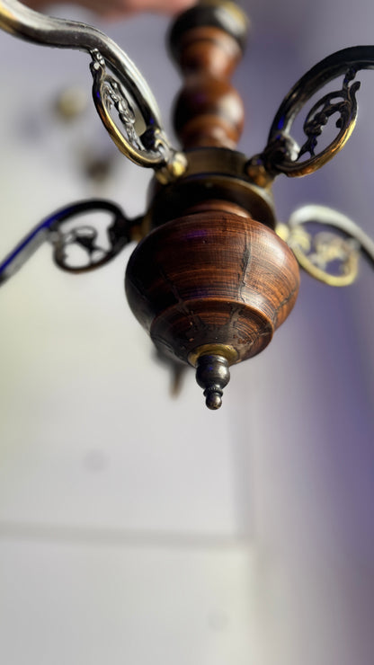 Vintage Rustic Wooden Farmhouse 5 Arm Chandelier, Matching Pair