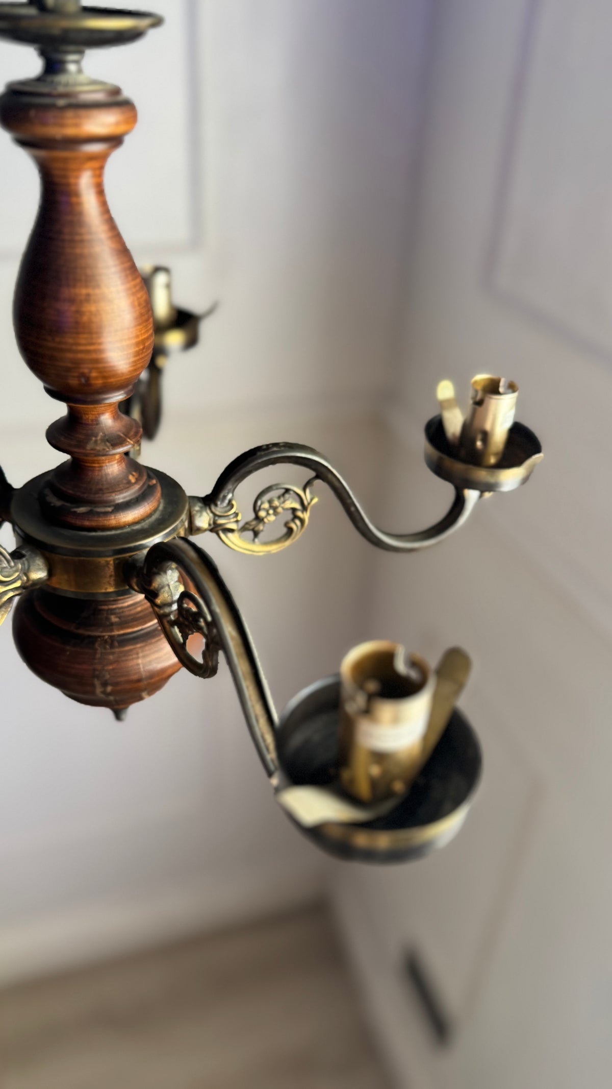Vintage Rustic Wooden Farmhouse 5 Arm Chandelier, Matching Pair
