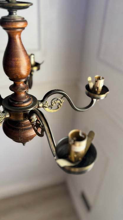 Vintage Rustic Wooden Farmhouse 5 Arm Chandelier, Matching Pair