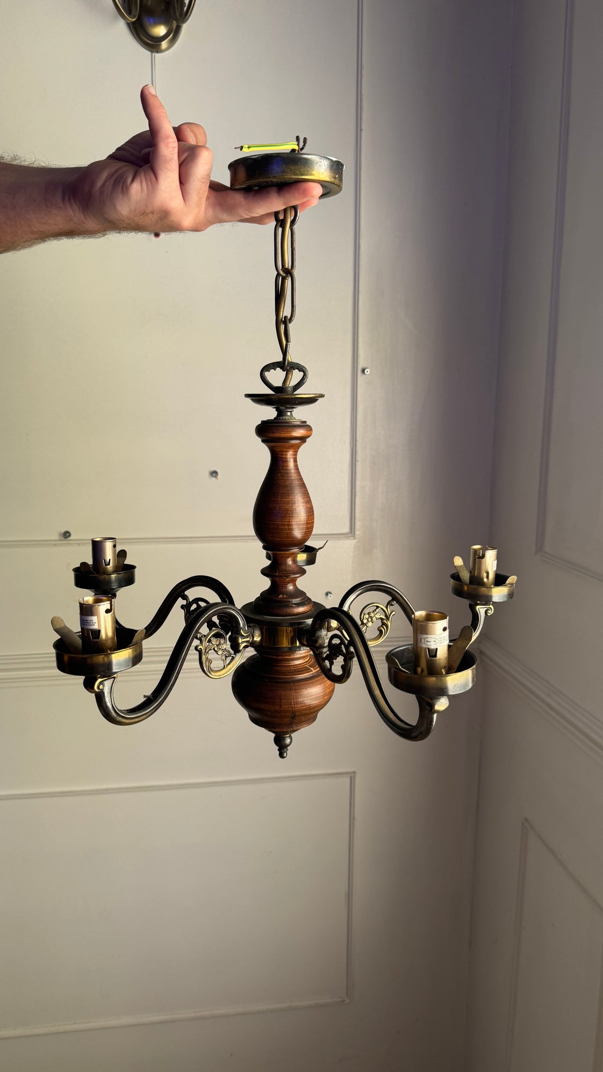Vintage Rustic Wooden Farmhouse 5 Arm Chandelier, Matching Pair