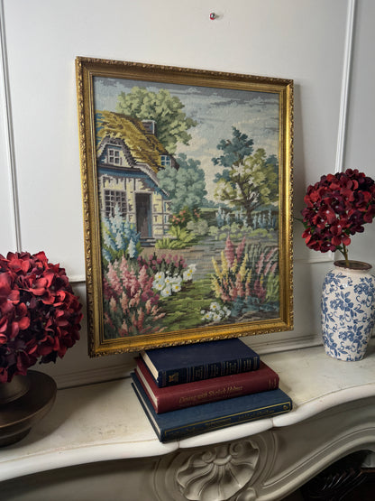 The Florentine Cottage-Hand-Stitched Floral Countryside in Gilt Frame