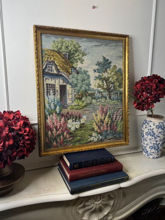The Florentine Cottage-Hand-Stitched Floral Countryside in Gilt Frame
