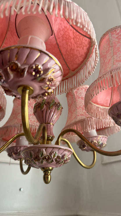 Vintage Italian Porcelain & Brass Chandelier, 5 Arm 5 Light, Pink Floral Rococo Boudoir Ceiling Light