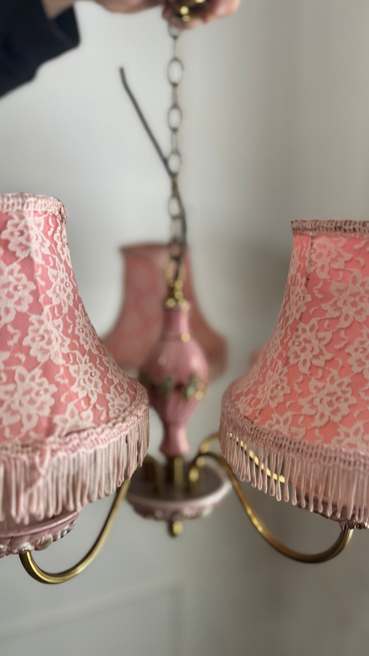 Vintage Italian Porcelain & Brass Chandelier, 5 Arm 5 Light, Pink Floral Rococo Boudoir Ceiling Light