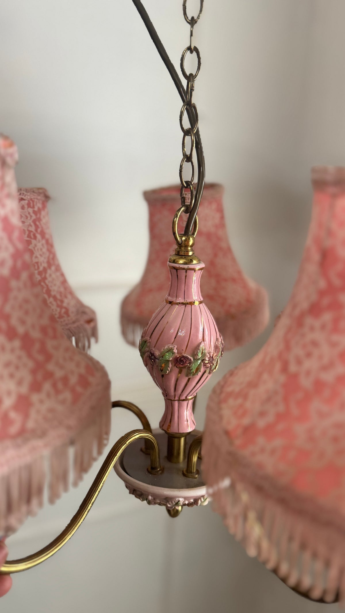 Vintage Italian Porcelain & Brass Chandelier, 5 Arm 5 Light, Pink Floral Rococo Boudoir Ceiling Light