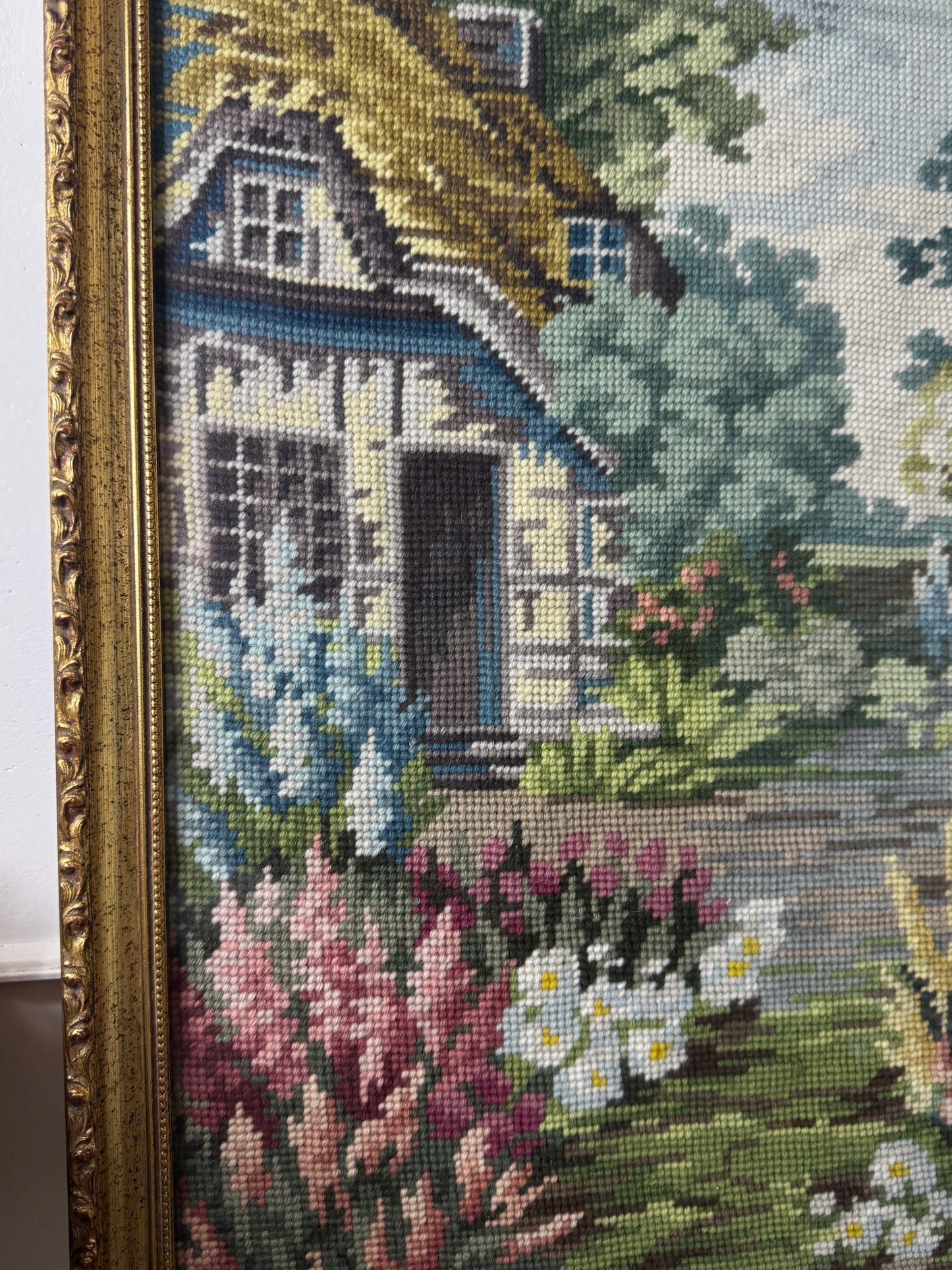 The Florentine Cottage-Hand-Stitched Floral Countryside in Gilt Frame