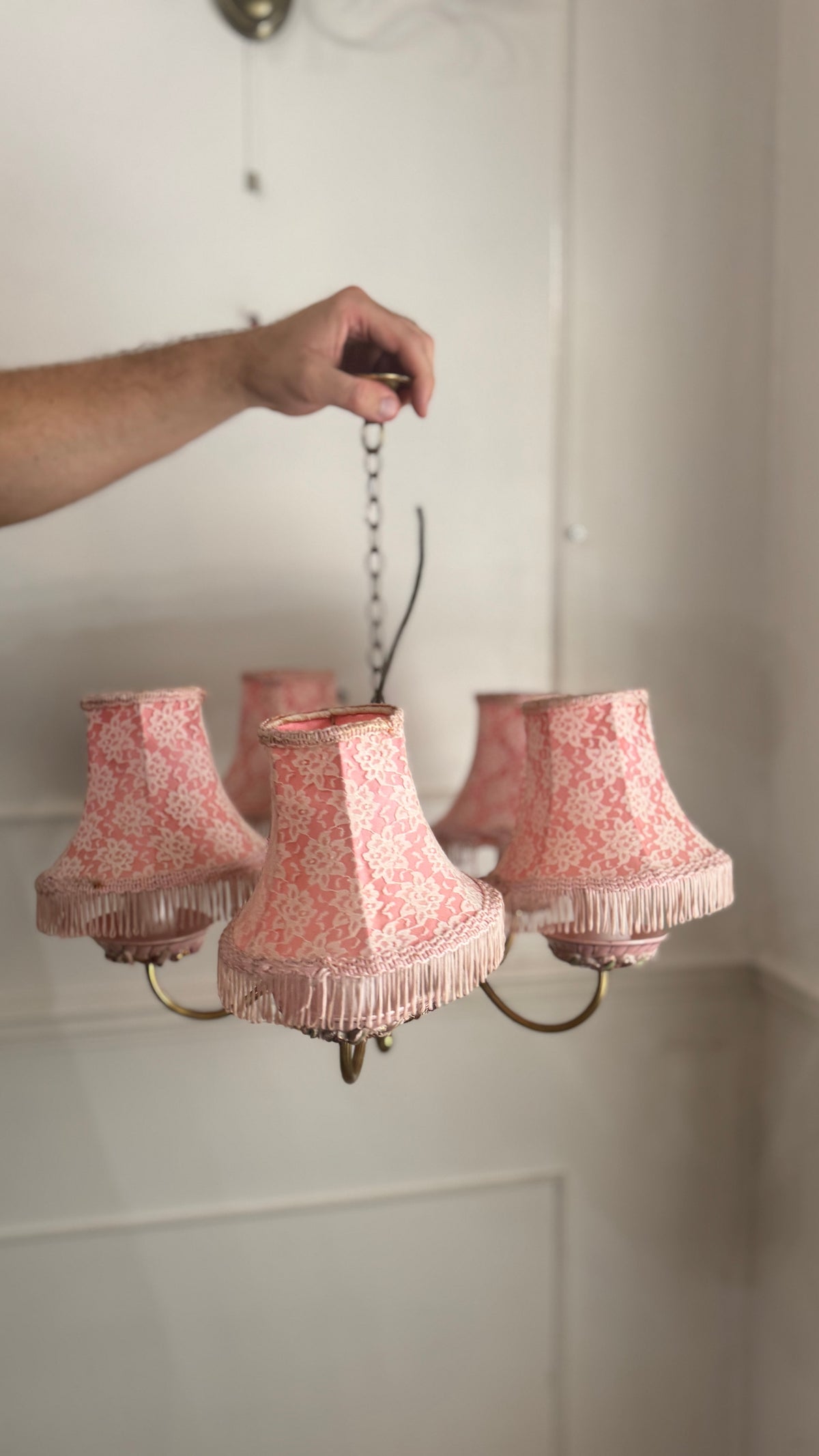 Vintage Italian Porcelain & Brass Chandelier, 5 Arm 5 Light, Pink Floral Rococo Boudoir Ceiling Light