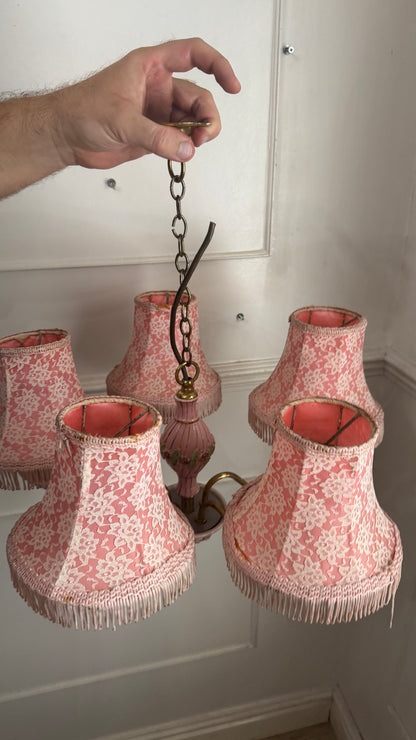 Vintage Italian Porcelain & Brass Chandelier, 5 Arm 5 Light, Pink Floral Rococo Boudoir Ceiling Light