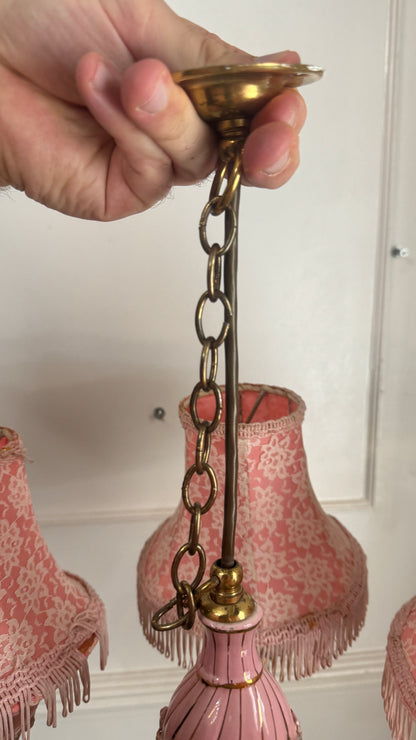 Vintage Italian Porcelain & Brass Chandelier, 5 Arm 5 Light, Pink Floral Rococo Boudoir Ceiling Light