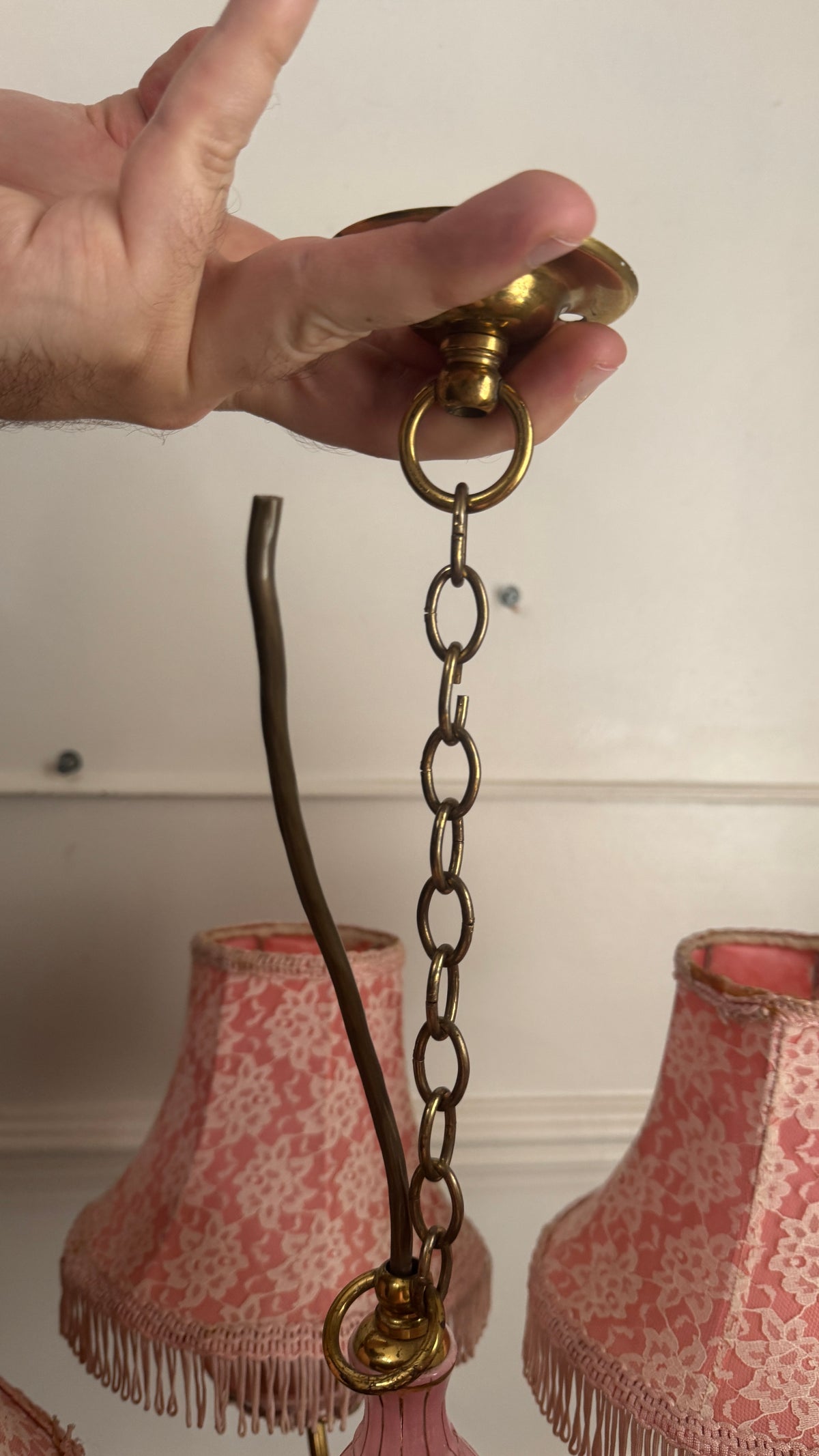 Vintage Italian Porcelain & Brass Chandelier, 5 Arm 5 Light, Pink Floral Rococo Boudoir Ceiling Light