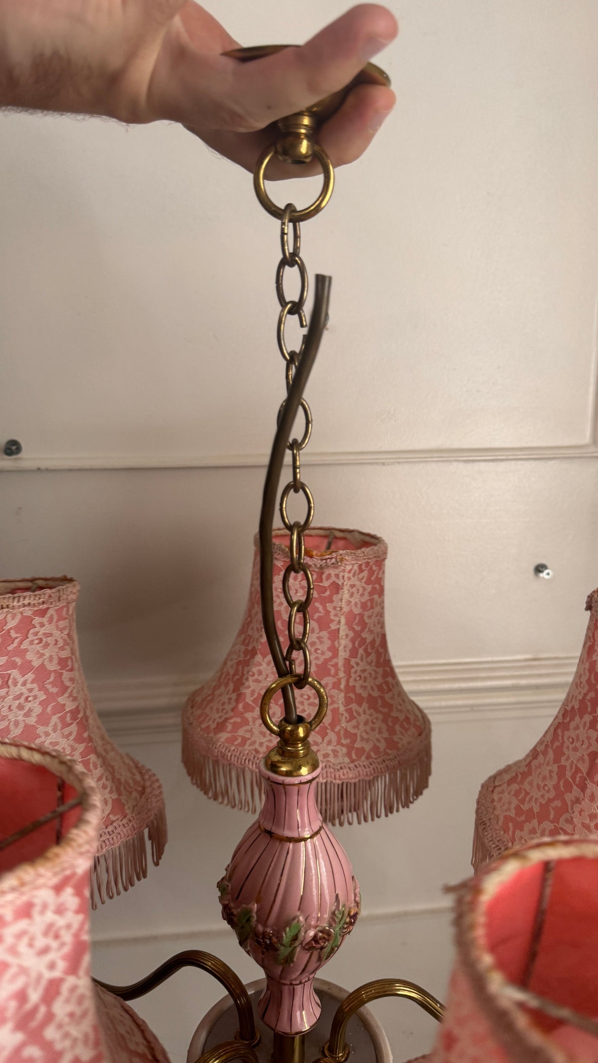Vintage Italian Porcelain & Brass Chandelier, 5 Arm 5 Light, Pink Floral Rococo Boudoir Ceiling Light