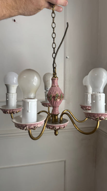 Vintage Italian Porcelain & Brass Chandelier, 5 Arm 5 Light, Pink Floral Rococo Boudoir Ceiling Light