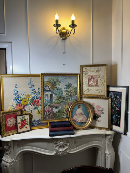 The Florentine Cottage-Hand-Stitched Floral Countryside in Gilt Frame