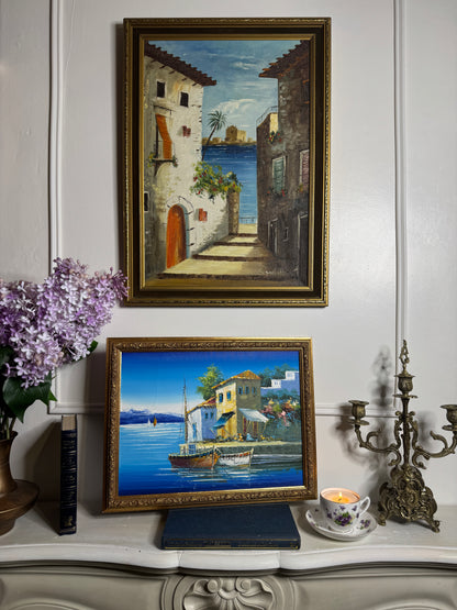 Vintage Bright Mediterranean Oil Paintings – Hand-Painted, Gilt Framed Pieces