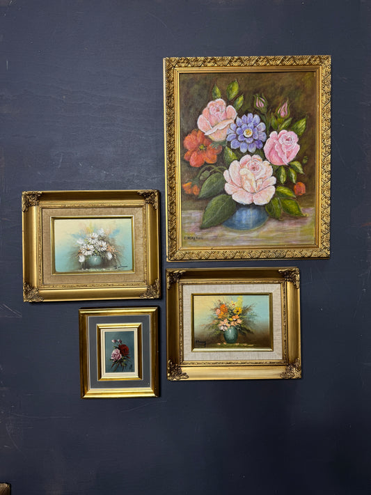 Vintage Floral Oil Painting Gallery Set in Ornate Gold Frames