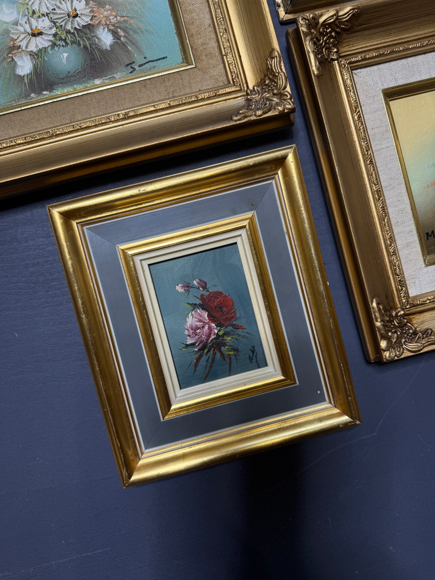 Vintage Floral Oil Painting Gallery Set in Ornate Gold Frames