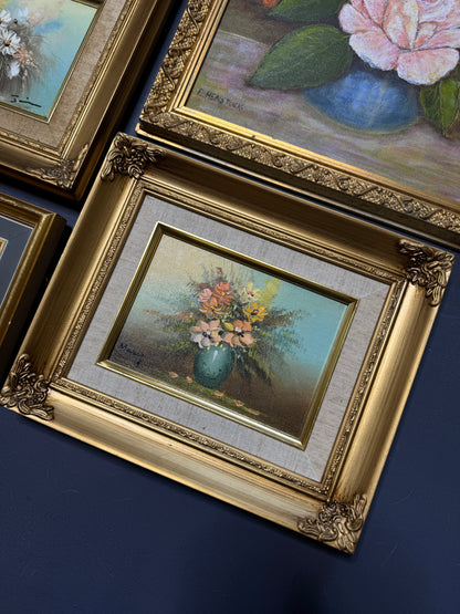 Vintage Floral Oil Painting Gallery Set in Ornate Gold Frames