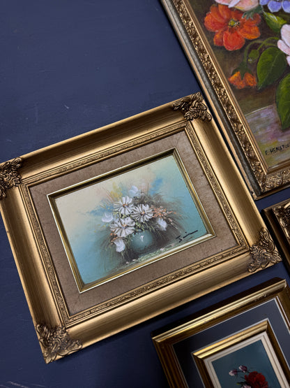 Vintage Floral Oil Painting Gallery Set in Ornate Gold Frames
