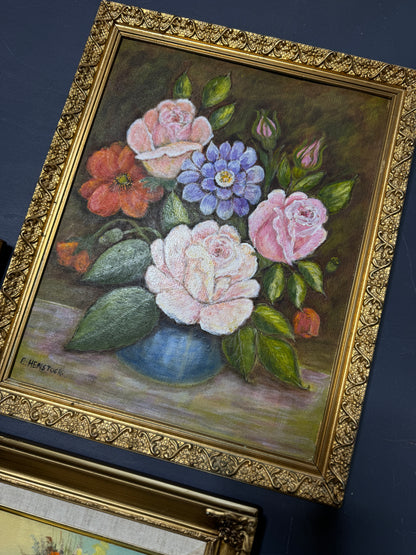 Vintage Floral Oil Painting Gallery Set in Ornate Gold Frames