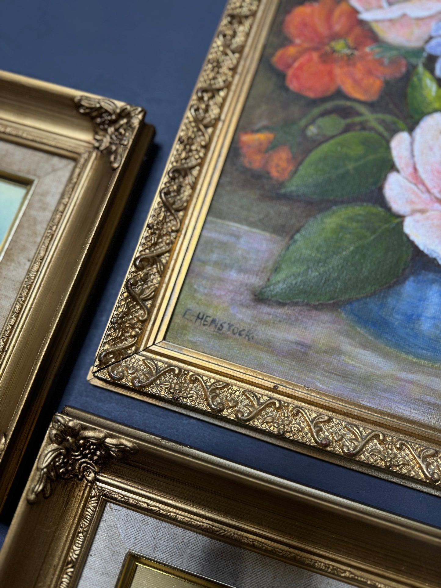 Vintage Floral Oil Painting Gallery Set in Ornate Gold Frames