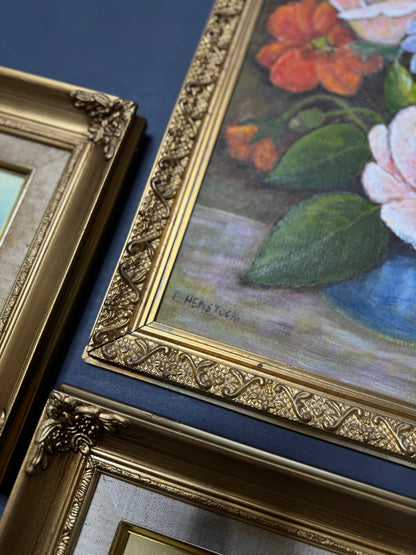 Vintage Floral Oil Painting Gallery Set in Ornate Gold Frames
