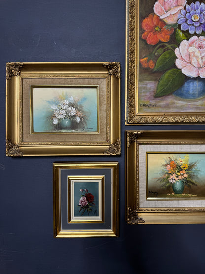 Vintage Floral Oil Painting Gallery Set in Ornate Gold Frames